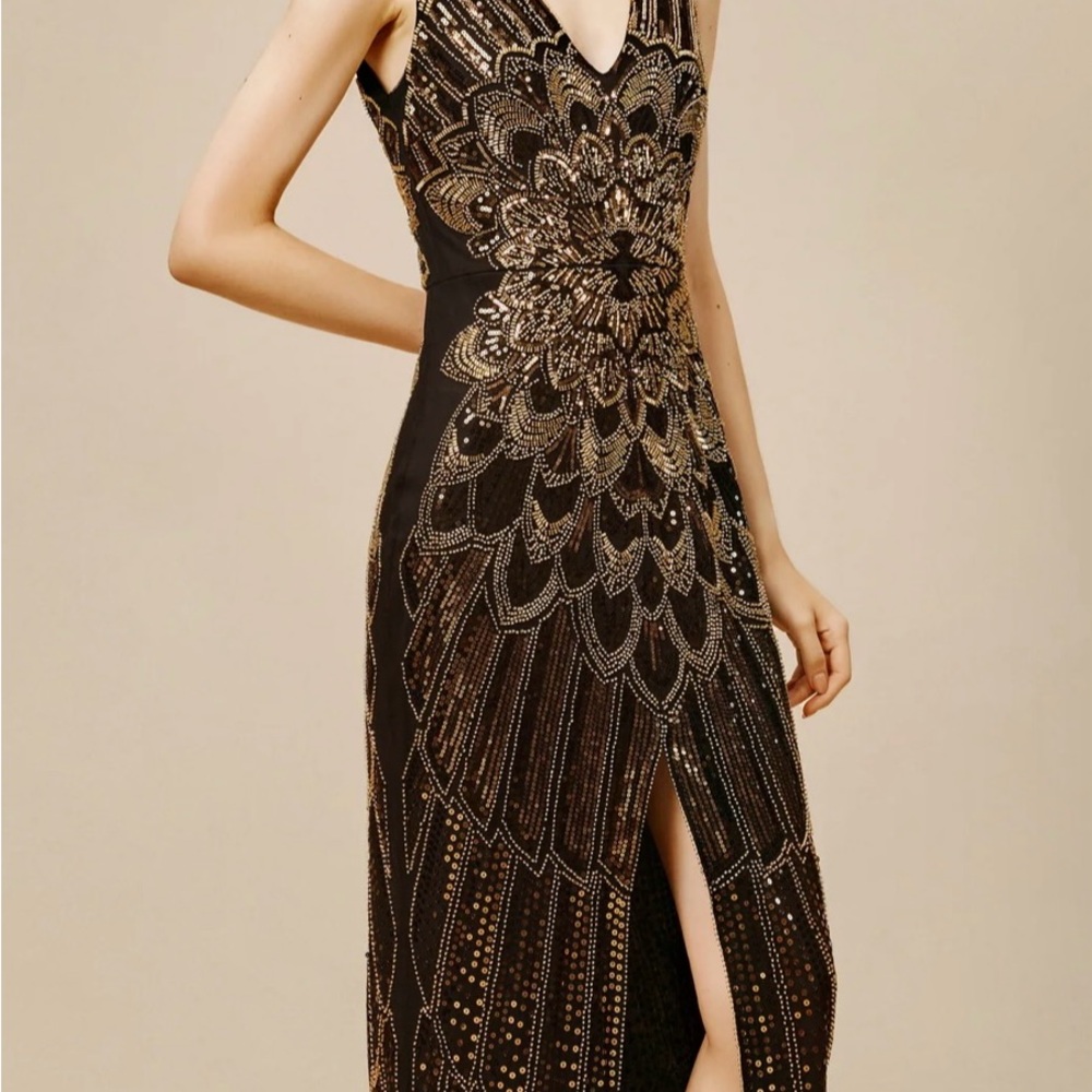 Black and Gold Embellished V-Neck Prom Gown